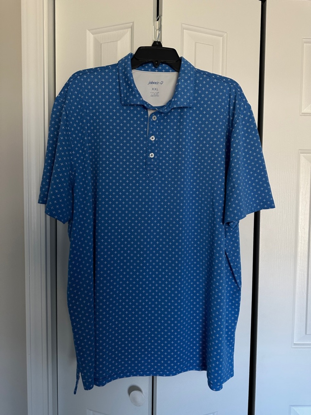 johnnie-O Blue Short-Sleeve Polo with Micro white print..
